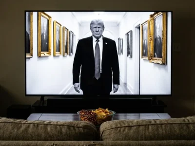 A black-and-white TV ad of Donald Trump walking down a portrait-lined hallway plays on a living room television behind a couch and a bowl of snacks