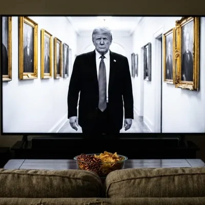 A black-and-white TV ad of Donald Trump walking down a portrait-lined hallway plays on a living room television behind a couch and a bowl of snacks