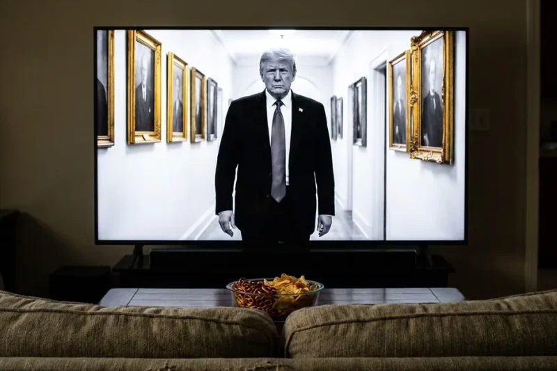 A black-and-white TV ad of Donald Trump walking down a portrait-lined hallway plays on a living room television behind a couch and a bowl of snacks
