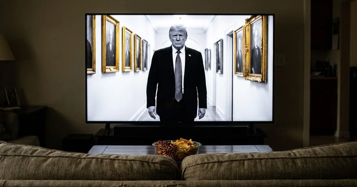A black-and-white TV ad of Donald Trump walking down a portrait-lined hallway plays on a living room television behind a couch and a bowl of snacks