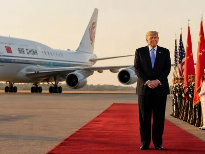 Donald Trump stands alone at the end of a red carpet on an airfield as an Air China Boeing 747 taxis behind him, with a military honor guard holding US and Chinese flags