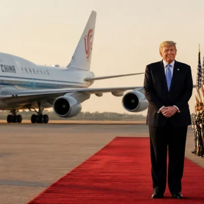 Donald Trump stands alone at the end of a red carpet on an airfield as an Air China Boeing 747 taxis behind him, with a military honor guard holding US and Chinese flags