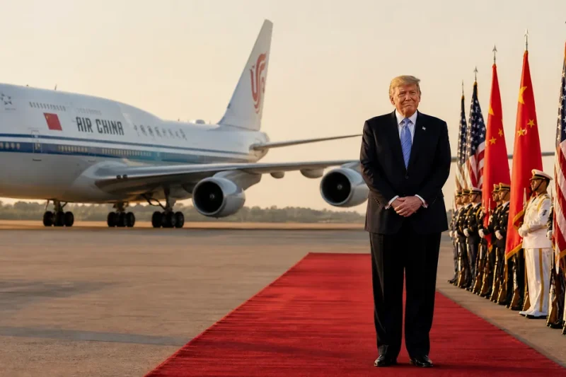 Donald Trump stands alone at the end of a red carpet on an airfield as an Air China Boeing 747 taxis behind him, with a military honor guard holding US and Chinese flags