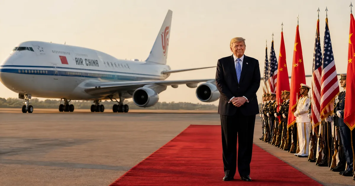 Donald Trump stands alone at the end of a red carpet on an airfield as an Air China Boeing 747 taxis behind him, with a military honor guard holding US and Chinese flags
