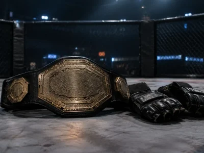 An unclaimed championship belt lying on the canvas of a dimly lit octagonal cage beside a pair of worn open-finger MMA gloves