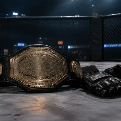 An unclaimed championship belt lying on the canvas of a dimly lit octagonal cage beside a pair of worn open-finger MMA gloves
