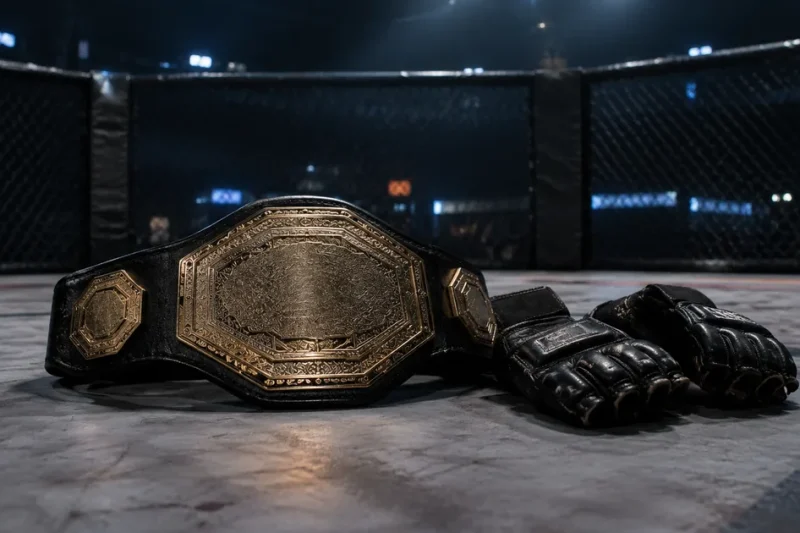 An unclaimed championship belt lying on the canvas of a dimly lit octagonal cage beside a pair of worn open-finger MMA gloves