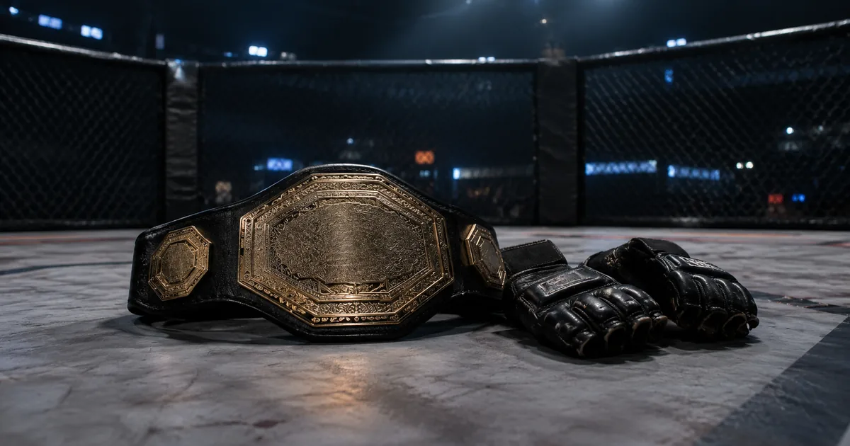 An unclaimed championship belt lying on the canvas of a dimly lit octagonal cage beside a pair of worn open-finger MMA gloves