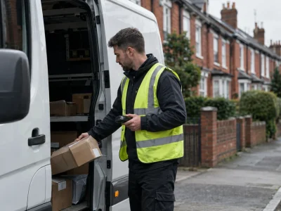 A courier driver unloading parcels from a white van on a UK residential street