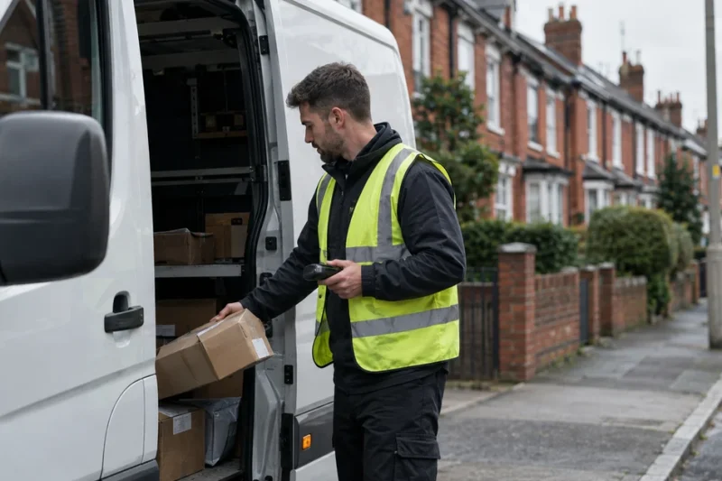 A courier driver unloading parcels from a white van on a UK residential street