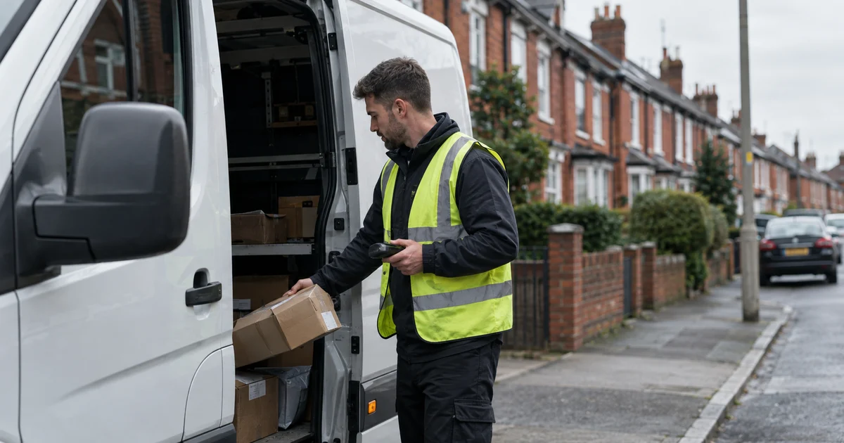 A courier driver unloading parcels from a white van on a UK residential street