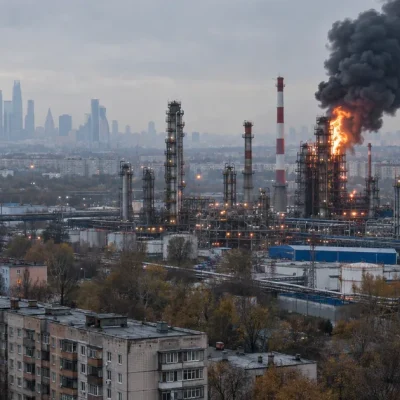An oil refinery burns in a dense urban district, black smoke rising from one unit among tall steel distillation columns, with Soviet-era apartment blocks in the foreground and a distant high-rise skyline on the horizon.