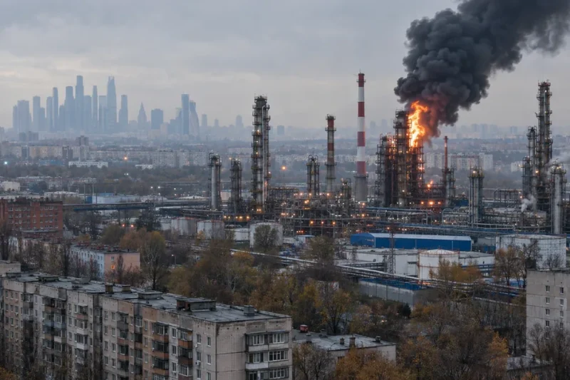 An oil refinery burns in a dense urban district, black smoke rising from one unit among tall steel distillation columns, with Soviet-era apartment blocks in the foreground and a distant high-rise skyline on the horizon.