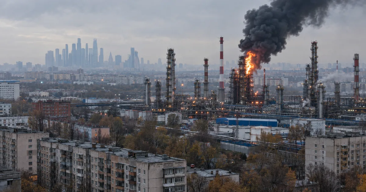 An oil refinery burns in a dense urban district, black smoke rising from one unit among tall steel distillation columns, with Soviet-era apartment blocks in the foreground and a distant high-rise skyline on the horizon.