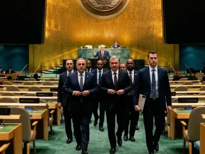 Diplomats in dark suits walk out of the UN General Assembly Hall toward the camera, their backs to Benjamin Netanyahu speaking at the green marble rostrum beneath the gold UN emblem wall