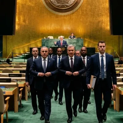 Diplomats in dark suits walk out of the UN General Assembly Hall toward the camera, their backs to Benjamin Netanyahu speaking at the green marble rostrum beneath the gold UN emblem wall