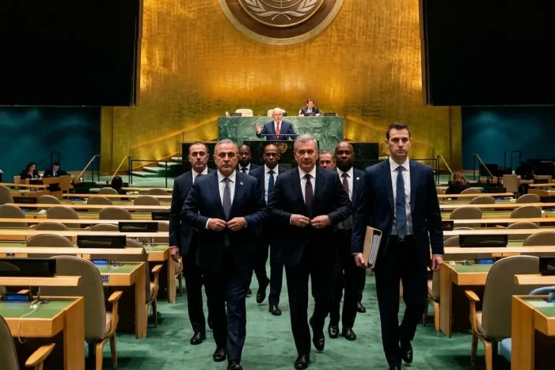 Diplomats in dark suits walk out of the UN General Assembly Hall toward the camera, their backs to Benjamin Netanyahu speaking at the green marble rostrum beneath the gold UN emblem wall
