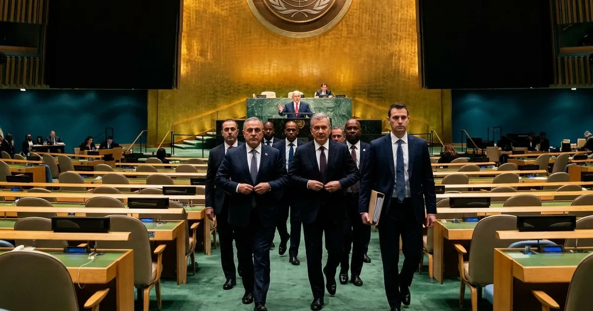 Diplomats in dark suits walk out of the UN General Assembly Hall toward the camera, their backs to Benjamin Netanyahu speaking at the green marble rostrum beneath the gold UN emblem wall