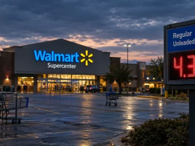 A Walmart Supercenter at dusk with a gas station sign in the foreground showing regular unleaded above four dollars