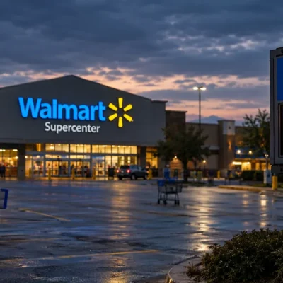 A Walmart Supercenter at dusk with a gas station sign in the foreground showing regular unleaded above four dollars