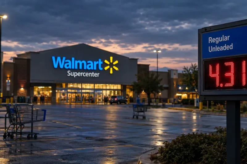A Walmart Supercenter at dusk with a gas station sign in the foreground showing regular unleaded above four dollars