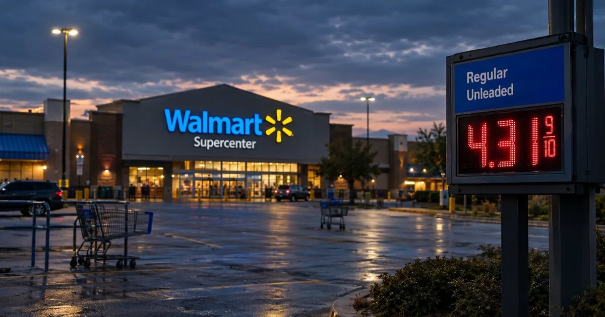 A Walmart Supercenter at dusk with a gas station sign in the foreground showing regular unleaded above four dollars