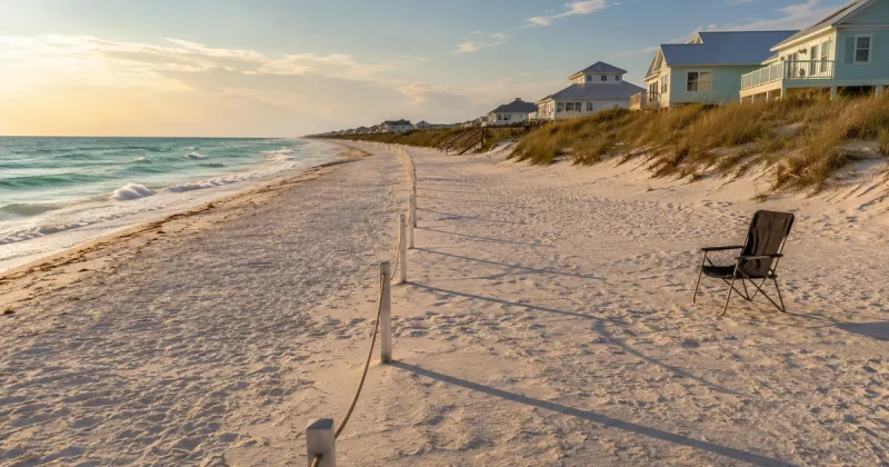 A low rope on white posts runs from the dune line toward the surf, splitting a wide white-sand beach, with pastel beach houses on the dune ridge and one empty folding chair on the open side