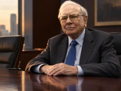 Warren Buffett in a charcoal suit and blue tie seated at the head of a polished boardroom table next to an empty leather chair, a city skyline at sunset behind him