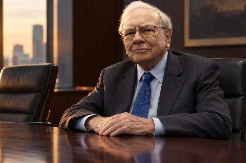 Warren Buffett in a charcoal suit and blue tie seated at the head of a polished boardroom table next to an empty leather chair, a city skyline at sunset behind him