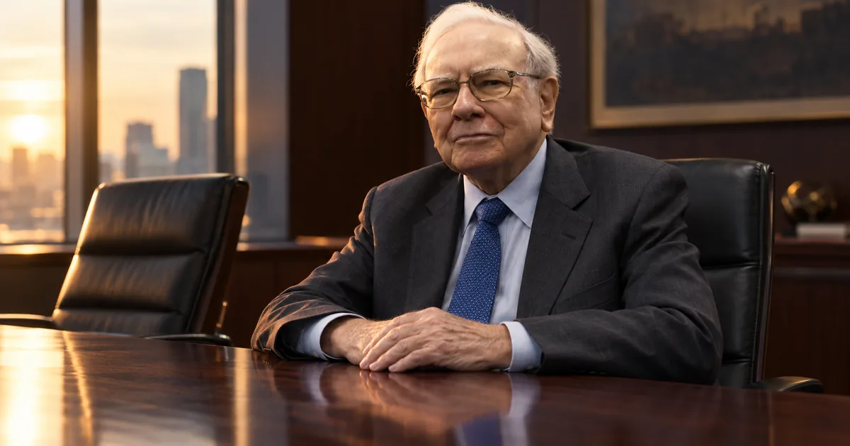 Warren Buffett in a charcoal suit and blue tie seated at the head of a polished boardroom table next to an empty leather chair, a city skyline at sunset behind him