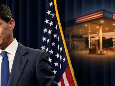 Federal Reserve Chair Kevin Warsh at a lectern in front of a navy curtain and American flag, with a lit gas station at dusk blended into the background