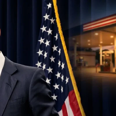 Federal Reserve Chair Kevin Warsh at a lectern in front of a navy curtain and American flag, with a lit gas station at dusk blended into the background