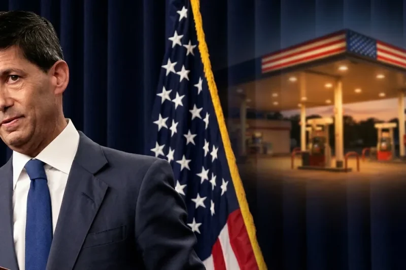 Federal Reserve Chair Kevin Warsh at a lectern in front of a navy curtain and American flag, with a lit gas station at dusk blended into the background