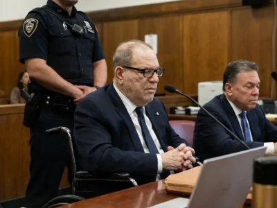 Harvey Weinstein seated in a wheelchair at a courtroom defense table in a navy suit, a uniformed NYPD court officer standing behind him and a defense attorney beside him