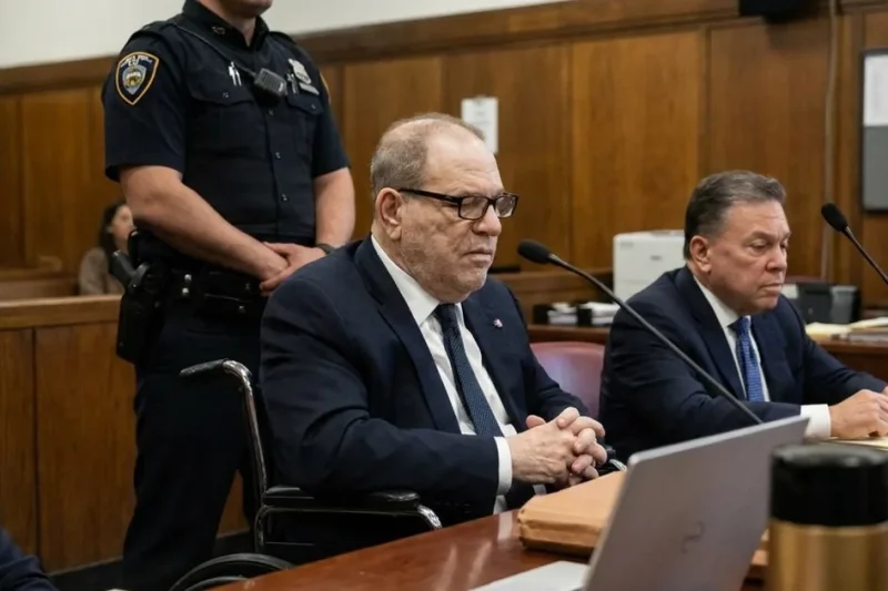 Harvey Weinstein seated in a wheelchair at a courtroom defense table in a navy suit, a uniformed NYPD court officer standing behind him and a defense attorney beside him