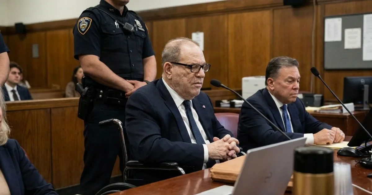 Harvey Weinstein seated in a wheelchair at a courtroom defense table in a navy suit, a uniformed NYPD court officer standing behind him and a defense attorney beside him