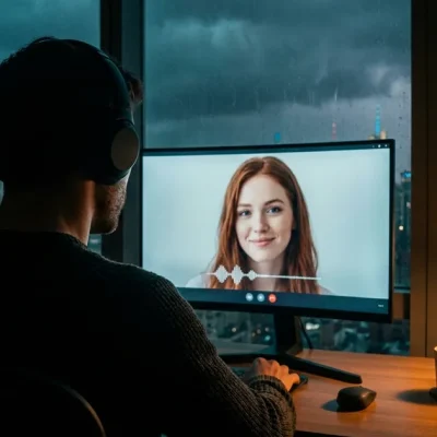 Man in headphones at a desk video-chatting with an AI companion while a storm crosses the New York skyline outside