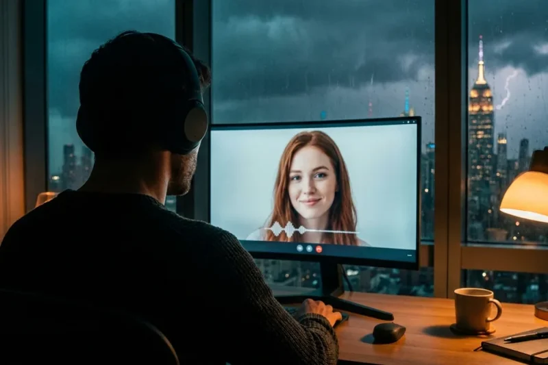 Man in headphones at a desk video-chatting with an AI companion while a storm crosses the New York skyline outside
