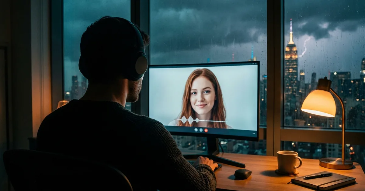 Man in headphones at a desk video-chatting with an AI companion while a storm crosses the New York skyline outside