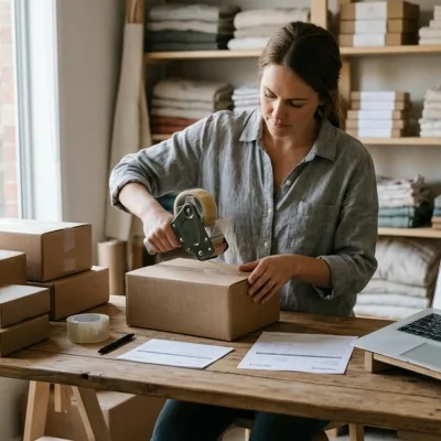 Online shop owner packing orders at a wooden table beside a laptop showing a store dashboard