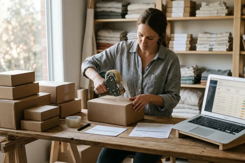 Online shop owner packing orders at a wooden table beside a laptop showing a store dashboard