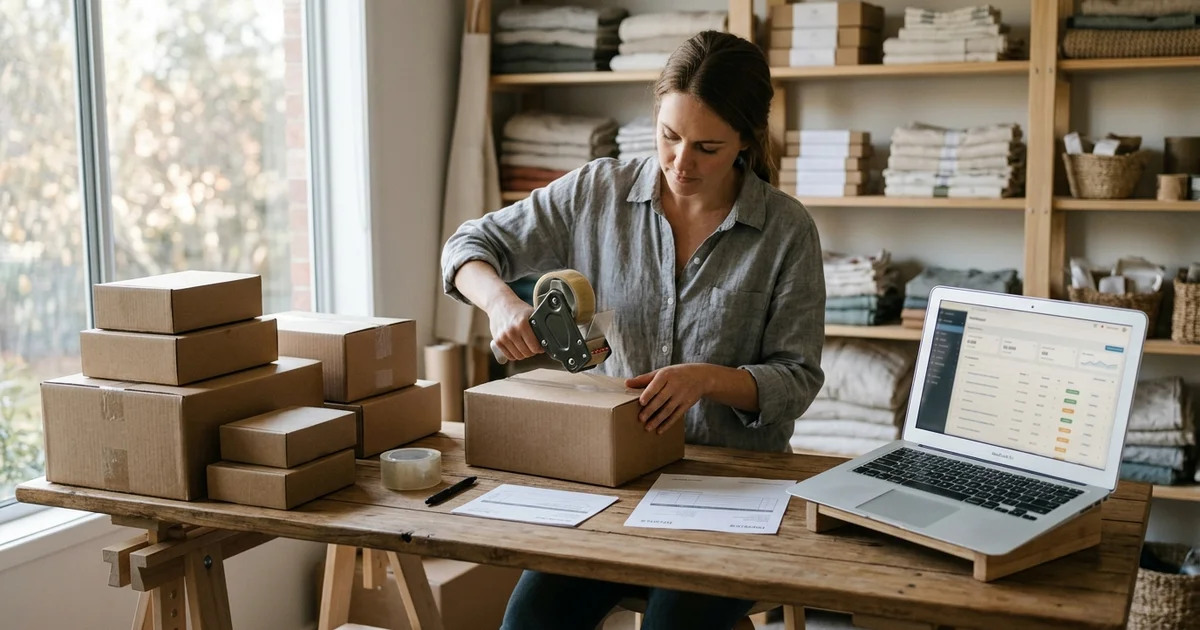 Online shop owner packing orders at a wooden table beside a laptop showing a store dashboard