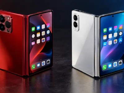 A red foldable phone with three rear cameras and a white titanium foldable with two cameras standing half-open side by side on a dark tabletop