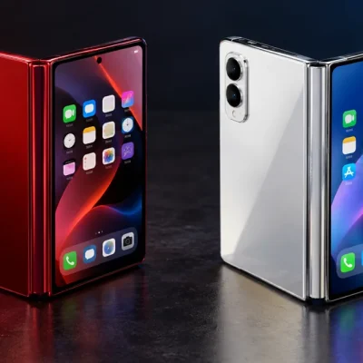 A red foldable phone with three rear cameras and a white titanium foldable with two cameras standing half-open side by side on a dark tabletop