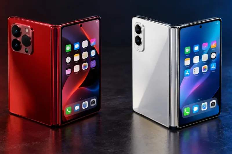 A red foldable phone with three rear cameras and a white titanium foldable with two cameras standing half-open side by side on a dark tabletop