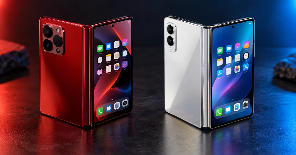 A red foldable phone with three rear cameras and a white titanium foldable with two cameras standing half-open side by side on a dark tabletop
