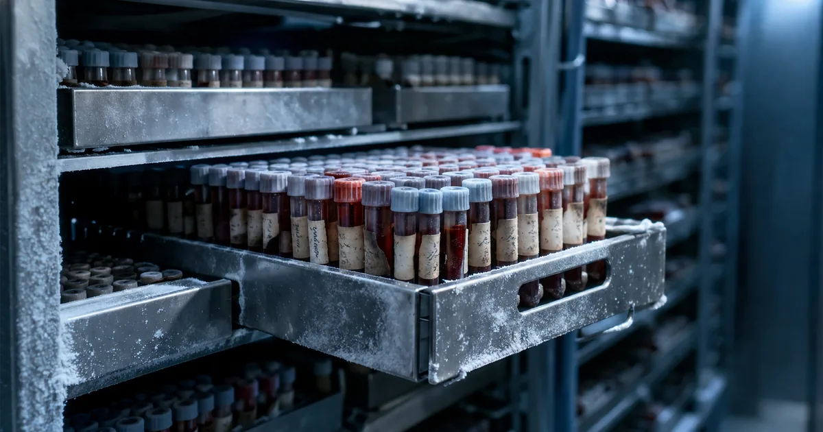 A frost-covered metal rack of labelled blood sample vials pulled out from a cold storage unit in a medical biobank, more racks fading into the dark behind it