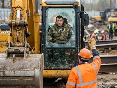 Ground worker signalling to an excavator operator on a construction site