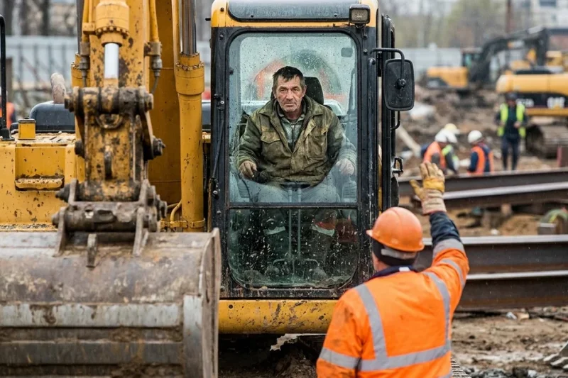 Ground worker signalling to an excavator operator on a construction site