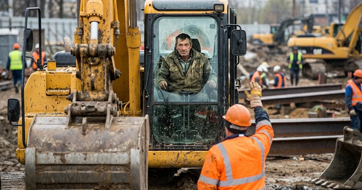 Ground worker signalling to an excavator operator on a construction site